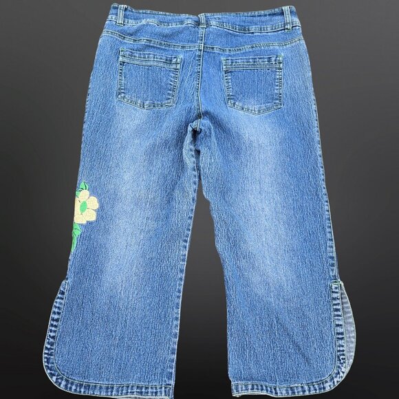 Vintage 90s Y2K Denim Capri Pants Jeans Embroidered Flowers Size 11 Fairy Boho - Picture 7 of 8